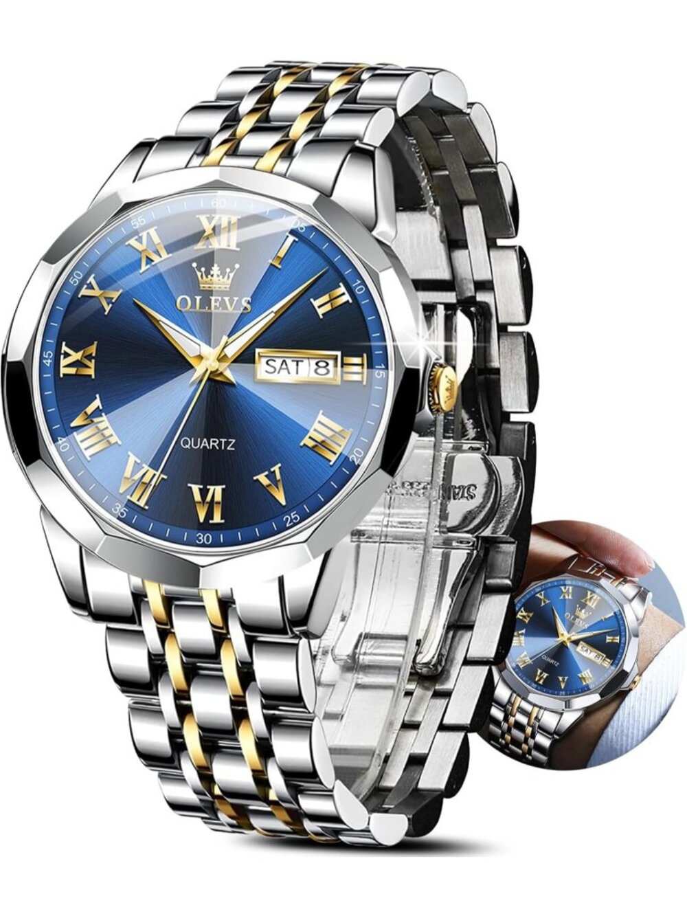 Men's Silver Gold Stainless Blue Face Luminous Quartz Waterproof Classic Watch